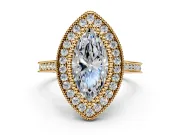 Halo Engagement Ring Setting for Marquise Center with Milgrain Frame, Pave Band and Prong Head in Yellow Gold