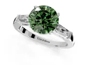 3 Stone Engagement Ring Setting for Fancy Green Round Cut Center with Tapered Baguettes, Plain Band and Prong Head in White Gold