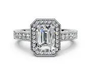 Milgrain Halo Engagement Ring Setting for Emerald Cut Center with Wide Pave Band and Prong Head in Platinum
