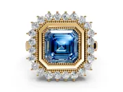 Halo Engagement Ring Setting for Fancy Blue Asscher Cut Center with Milgrain Bezel Rim, Plain Band and Prong Head in Yellow Gold