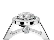 Halo Engagement Ring Setting for Pear-Shaped Center with Outer Bezel Rim, Pave Band and Prong Head in Platinum