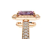 Milgrain Halo Engagement Ring Setting for Fancy Pink Emerald Cut Center with Three-Sided Pave Band and Prong Head in Rose Gold
