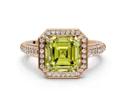 Milgrain Halo Engagement Ring Setting for Fancy Yellow Asscher Cut Center with Three-Sided Pave Band and Prong Head in Rose Gold