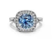 Halo Engagement Ring Setting for Fancy Blue Round Cut Center with Milgrain Rim, Pave Band and Prong Head in Platinum