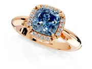 Halo Engagement Ring Setting for Fancy Blue Cushion Cut Center with Tapered Plain Band and Prong Head in Rose Gold