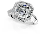 Halo Engagement Ring Setting for Asscher Cut Center with Knife Ridge Cathedral Band and Prong Head in Platinum