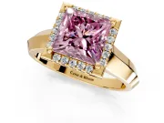 Halo Engagement Ring Setting for Fancy Pink Princess Cut Center with Knife Ridge Cathedral Band and Prong Head in Yellow Gold
