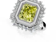 Halo Engagement Ring Setting for Fancy Yellow Radiant Cut Center with Milgrain Bezel Rim, Plain Band and Prong Head in Platinum