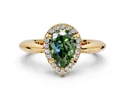 Halo Engagement Ring Setting for Fancy Green Pear-Shaped Center with Tapered Plain Band and Prong Head in Yellow Gold