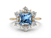 Small-Accent Cluster Halo Engagement Ring Setting for Fancy Blue Princess Cut Center with Plain Band and Prong Head in Yellow Gold