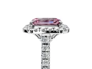 Halo Engagement Ring Setting for Fancy Pink Emerald Cut Center with Raised Halo, Pave Band and Prong Head in Platinum