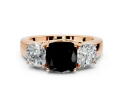 3 Stone Engagement Ring Setting for Fancy Black Cushion Cut Center with Raised Basket Heads and Prong Head in Rose Gold