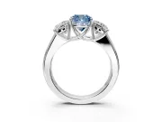 3 Stone Engagement Ring Setting for Fancy Blue Cushion Cut Center with Raised Basket Heads and Prong Head in Sterling Silver