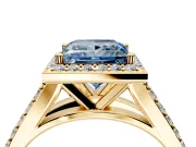Halo Engagement Ring Setting for Fancy Blue Princess Cut Center with Narrow Pave Split Shank and Prong Head in Yellow Gold