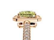 Milgrain Halo Engagement Ring Setting for Fancy Yellow Radiant Cut Center with Three-Sided Pave Band and Prong Head in Rose Gold