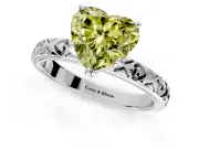 Solitaire Engagement Ring Setting for Fancy Yellow Heart-Shaped Center with XO Engraved Band and Prong Head in White Gold