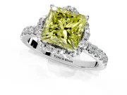 Halo Engagement Ring Setting for Fancy Yellow Princess Cut Center with Openwork Halo, Pave Band and Prong Head in Platinum