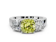 3 Stone Engagement Ring Setting for Fancy Yellow Cushion Cut Center with Raised Basket Heads and Prong Head in Platinum