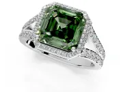 Halo Engagement Ring Setting for Fancy Green Asscher Cut Center with Narrow Pave Split Shank and Prong Head in White Gold
