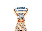 3 Stone Engagement Ring Setting for Fancy Blue Princess Cut Center with Pave Twist Band and Prong Head in Rose Gold