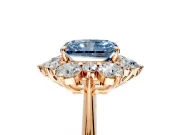 Small-Accent Cluster Halo Engagement Ring Setting for Fancy Blue Radiant Cut Center with Plain Band and Prong Head in Rose Gold
