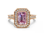 Halo Engagement Ring Setting for Fancy Pink Emerald Cut Center with Milgrain Pave Band and Bezel Head in Rose Gold