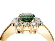 Halo Engagement Ring Setting for Fancy Green Radiant Cut Center with Milgrain Channel Band and Prong Head in Yellow Gold