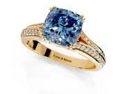 Solitaire Engagement Ring Setting for Fancy Blue Cushion Cut Center with Pave Rail Split Shank and Prong Head in Yellow Gold