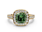 Bezel-Framed Halo Engagement Ring Setting for Fancy Green Cushion Cut Center with Pave Band and Prong Head in Yellow Gold