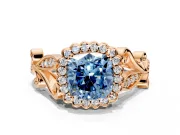 Halo Engagement Ring Setting for Fancy Blue Cushion Cut Center with Leaf Motif Split Shank and Prong Head in Rose Gold