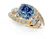 Halo Engagement Ring Setting for Fancy Blue Cushion Cut Center with Marquise and Pave Bypass Band and Prong Head in Yellow Gold