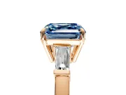 3 Stone Engagement Ring Setting for Fancy Blue Asscher Cut Center with Baguette Accents and Prong Head in Rose Gold
