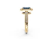 Milgrain Halo Engagement Ring Setting for Fancy Blue Emerald Cut Center with Three-Sided Pave Band and Prong Head in Yellow Gold