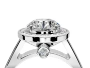 Halo Engagement Ring Setting for Round Cut Center with Outer Bezel Rim, Pave Band and Prong Head in Platinum