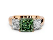 3 Stone Engagement Ring Setting for Fancy Green Princess Cut Center with Raised Basket Heads and Prong Head in Rose Gold