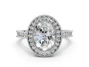 Halo Engagement Ring Setting for Oval Center with Milgrain Pave Band and Bezel Head in White Gold