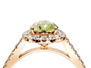 Halo Engagement Ring Setting for Fancy Yellow Pear-Shaped Center with Narrowing Pave Band and Prong Head in Rose Gold
