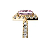 Pave Halo Engagement Ring Setting for Fancy Pink Princess Cut Center with Single Row Pave Band and Prong Head in Yellow Gold