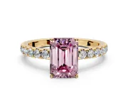 Solitaire Engagement Ring Setting for Fancy Pink Emerald Cut Center with Large Accent Band and Prong Head in Yellow Gold
