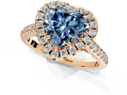 Halo Engagement Ring Setting for Fancy Blue Heart-Shaped Center with Raised Halo, Pave Band and Prong Head in Rose Gold