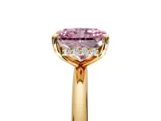 Hidden Halo Engagement Ring Setting for Fancy Pink Radiant Cut Center with Thin Rounded Band and Prong Head in Yellow Gold