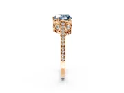 Cathedral Engagement Ring Setting for Fancy Blue Heart-Shaped Center with Antique-Style Pave Band and Prong Head in Rose Gold