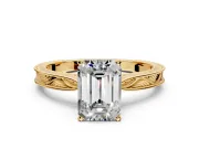 Solitaire Engagement Ring Setting for Emerald Cut Center with Engraved Milgrain Band and Prong Head in Yellow Gold
