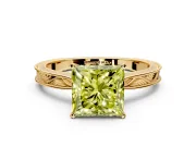 Solitaire Engagement Ring Setting for Fancy Yellow Princess Cut Center with Engraved Milgrain Band and Prong Head in Yellow Gold