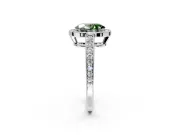 Bezel-Framed Halo Engagement Ring Setting for Fancy Green Oval Center with Pave Band and Prong Head in Platinum