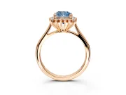 Starburst Halo Engagement Ring Setting for Fancy Blue Cushion Cut Center with Thin Round-Wire Band and Prong Head in Rose Gold