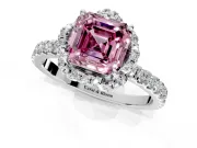 Floral Halo Engagement Ring Setting for Fancy Pink Asscher Cut Center with Pave Band and Prong Head in Platinum
