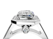 Halo Engagement Ring Setting for Emerald Cut Center with Outer Bezel Rim, Pave Band and Prong Head in Platinum