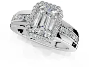 Halo Engagement Ring Setting for Emerald Cut Center with Wide Band, Inlaid Accent Row and Prong Head in Sterling Silver