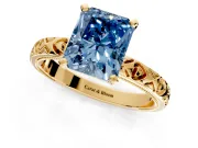 Solitaire Engagement Ring Setting for Fancy Blue Radiant Cut Center with XO Engraved Band and Prong Head in Yellow Gold